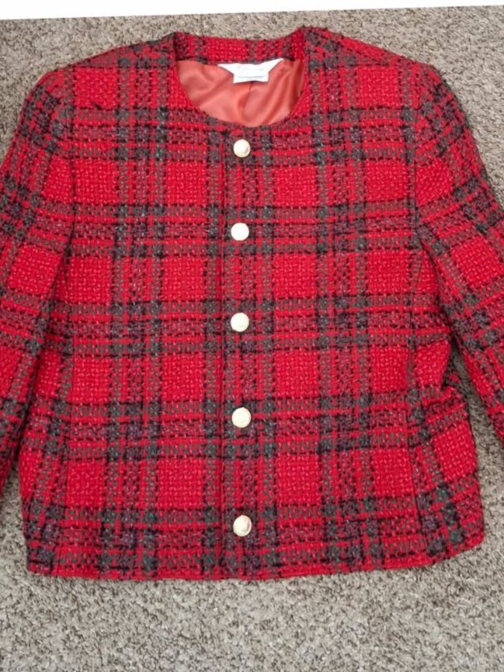 Tan Jay, Size 10, lined large knit red jacket with gold buttons